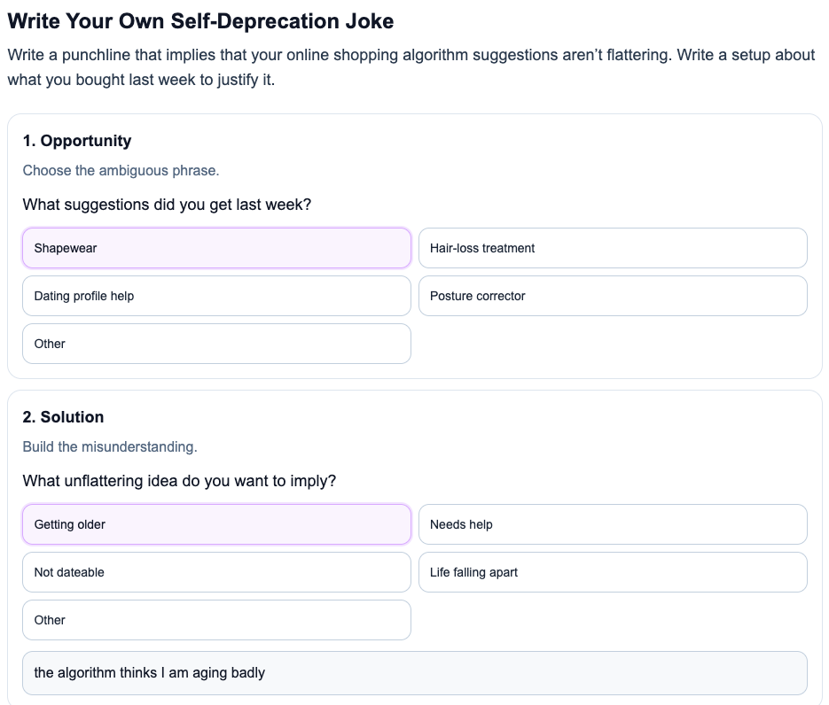 Interactive joke-writing screen showing a guided self-deprecation joke exercise